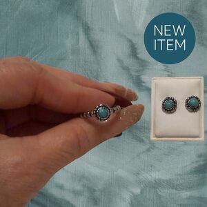 Turquoise Silver Steel Jewelry Set Ring Size 6